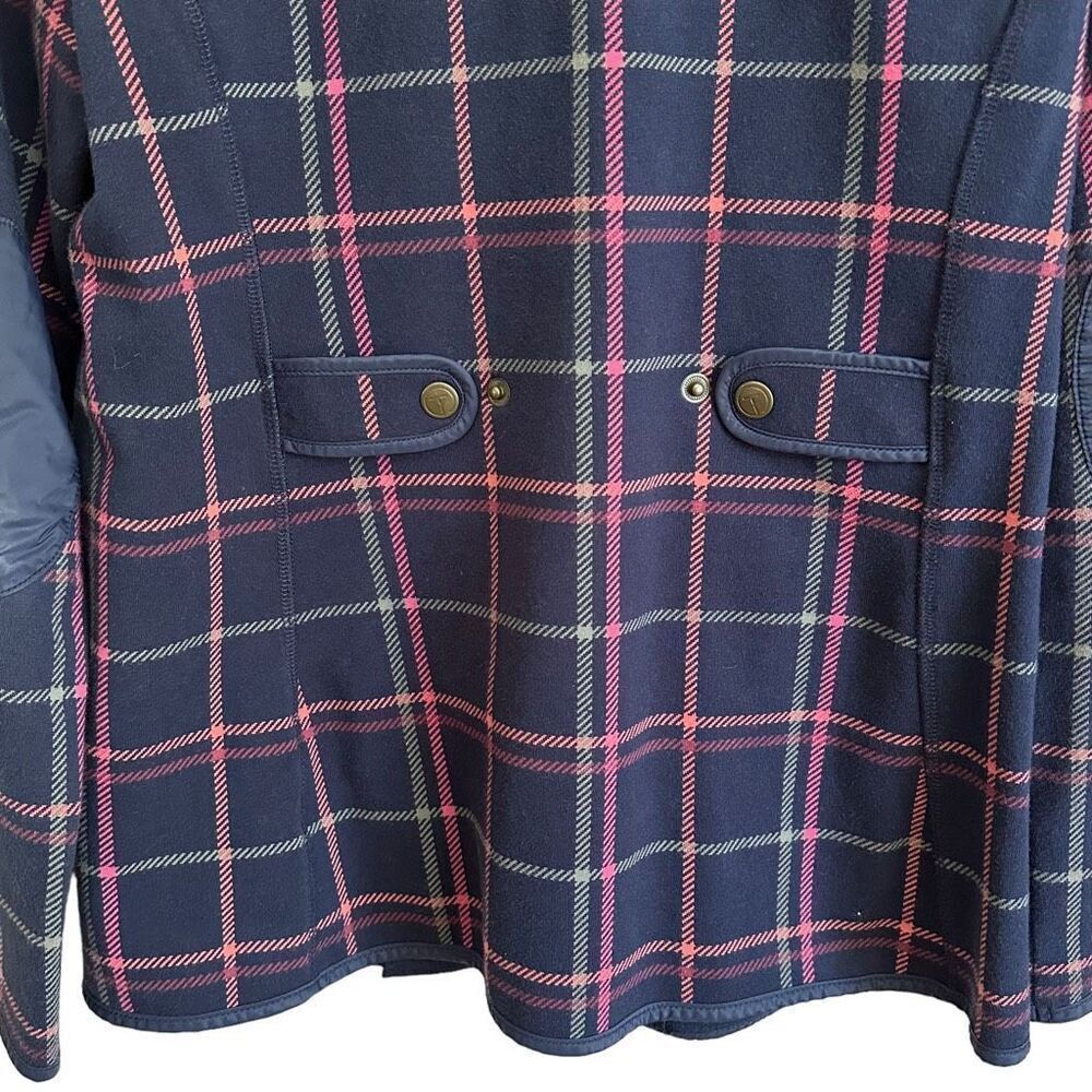 T by Talbots Navy Blue Tattersall Plaid Knit Zip Jacket Size Medium Petite - Picture 7 of 8